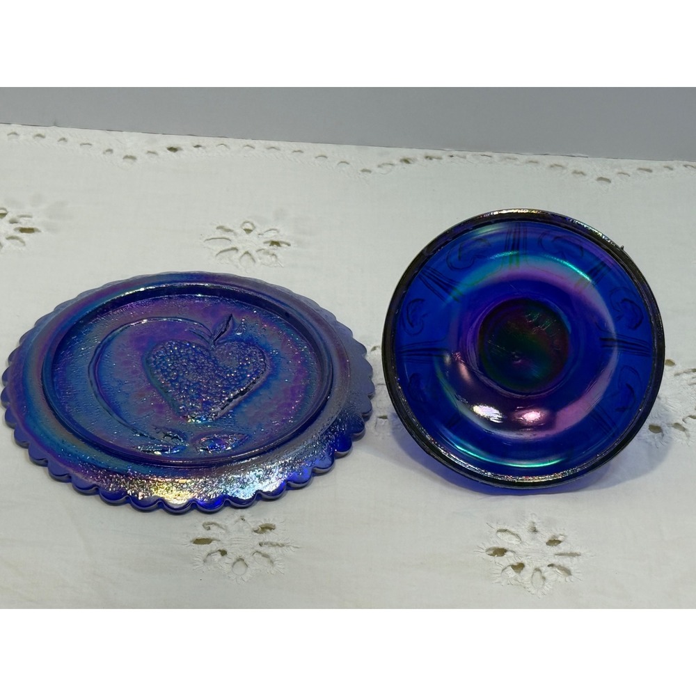 Boyd Blue Carnival Glass Small Butter Dish Strawberry Pattern Iridescent B Stamp - Picture 2 of 5